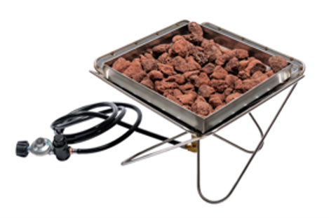 Recalled Takibi Propane Insert (model ST-332-US) with reddish brown lava rocks inside the Snow Peak’s Pack & Carry Fireplace